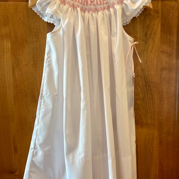 Smocked Dress/personalized/name/white/pink/pink Rick Rack Angel Sleeves ...