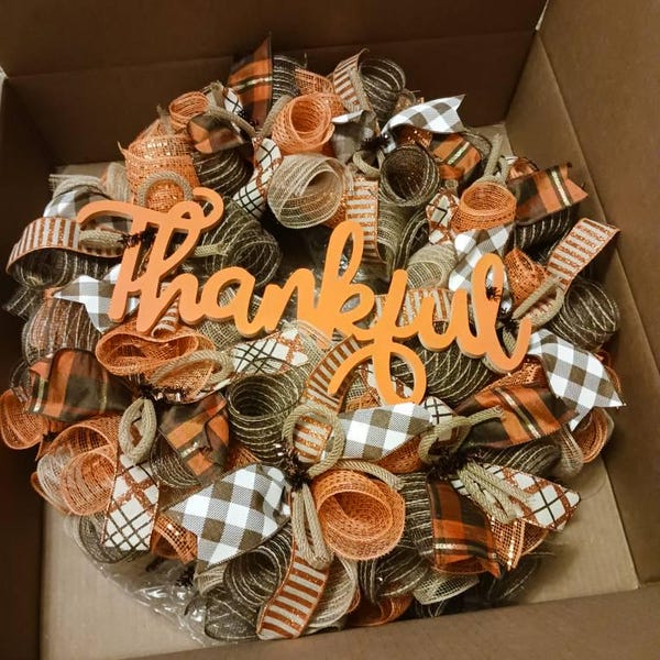 Fall Thanksgiving Deco Mesh Front Door Wreath - Orange Brown Burlap ...