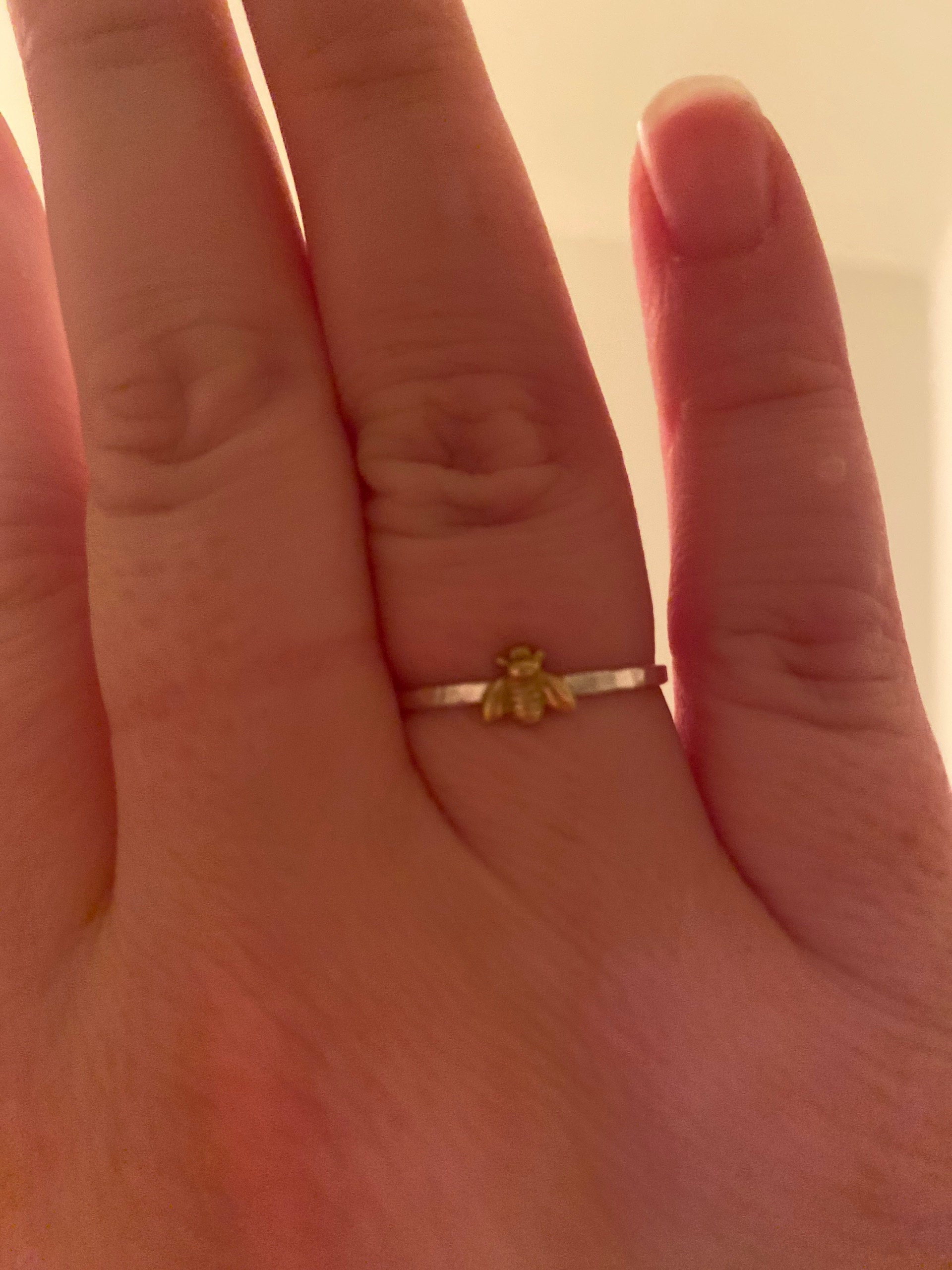 Simple tiny sterling silver bee ring, silver and gold brass stacking ring, hammered band ring, gift for women