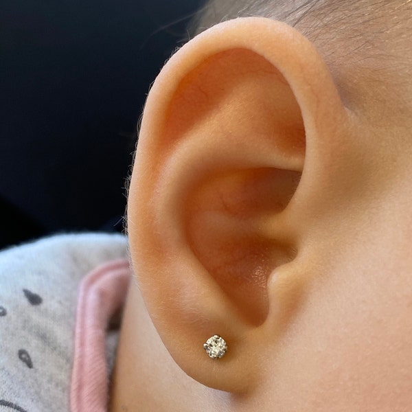 Diamond Earrings for Baby, Diamond Stud Baby Earrings, 14K Genuine Diamond Earrings, Threaded