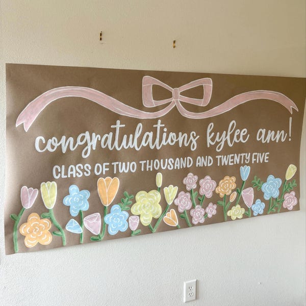 Graduation Banner | Hand Painted Party Sign - Bows and Flowers - Girly ...