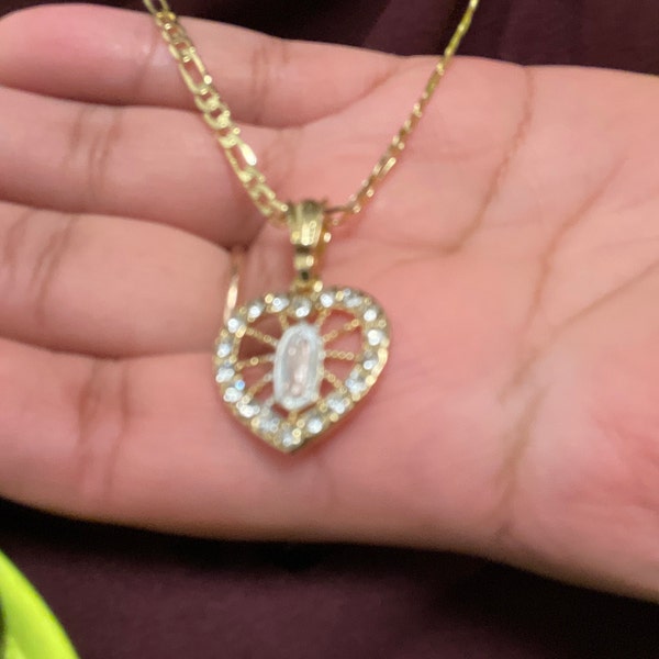 Gold Plated Virgin Mary Heart CZ Pendant Necklace 24” Virgen Guadalupe ...