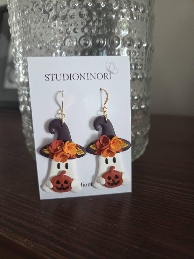 Floral Ghost Witches Dangle/ Halloween Earring/ Polymer Clay Earring