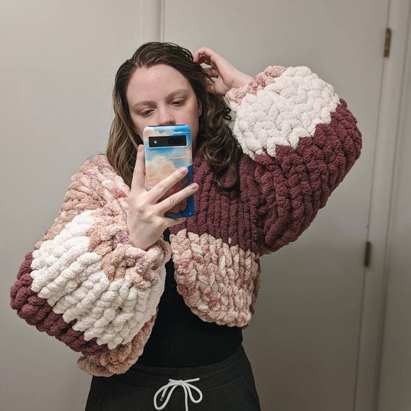 LARGE Chunky Chenille Knit Jacket teal/raspberry - Etsy