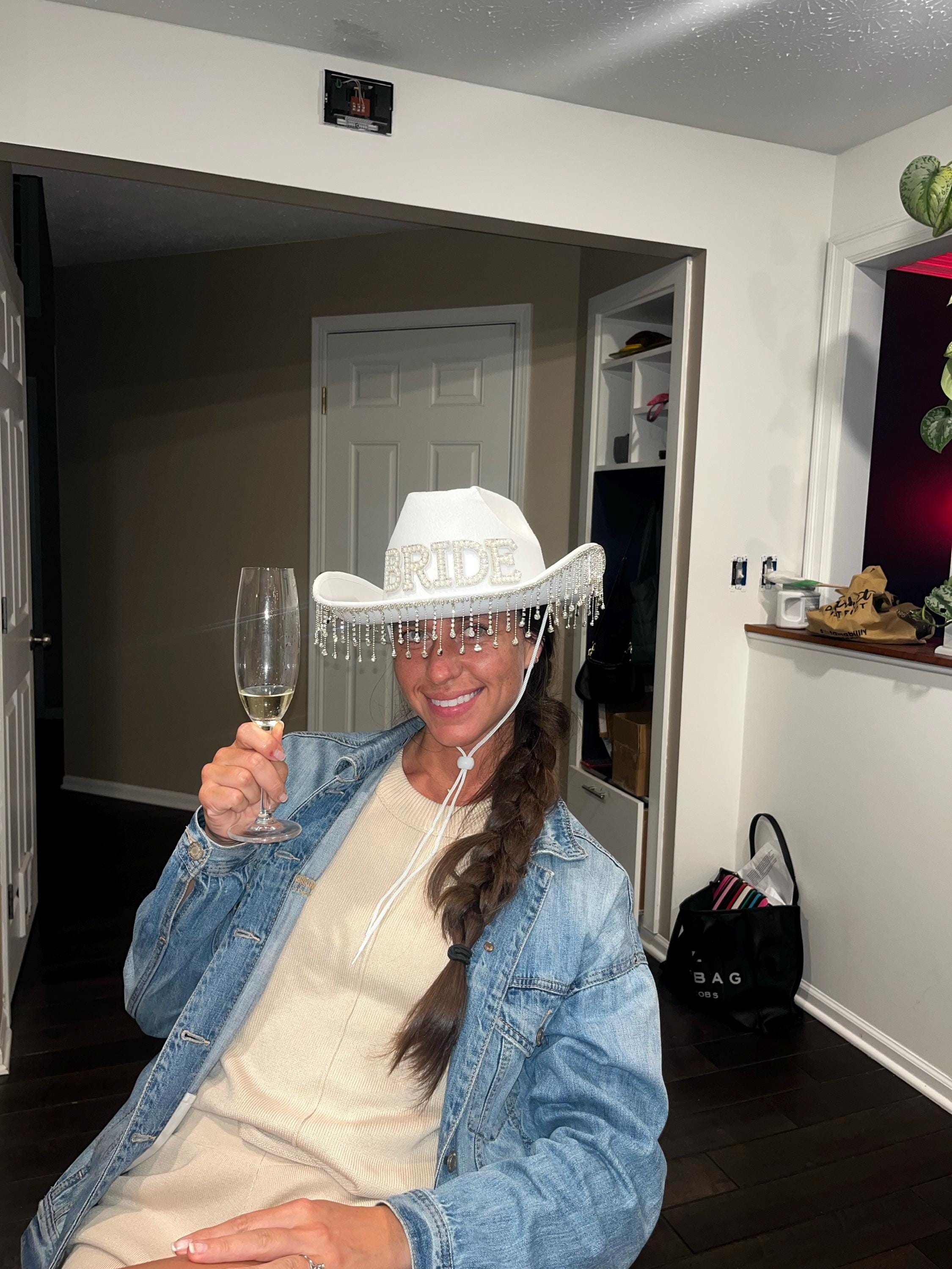 Personalized Pearl Bride Cowgirl Hat with Veil,Rhinestone Fringe Wifey Cowboy Hat,Pink Bridesmaid Cow Girl Hat,Bachlorette Gift,Bride To Be