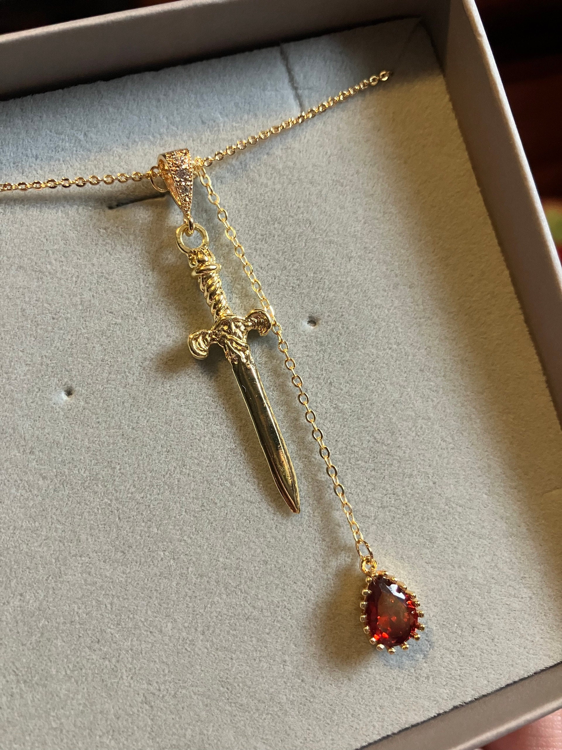 Sword and Blood Drop Necklace / Gold or Silver, Black Deep Red Teardrop Necklace