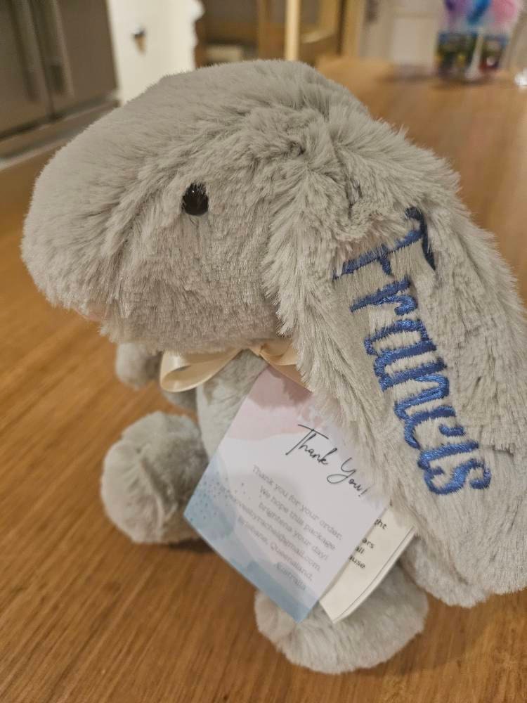 Personalised Plush Bunny Rabbits for children and babies. Floppy ear Rabbit for Easter or Birth. Customise text and colours. Embroidered ear