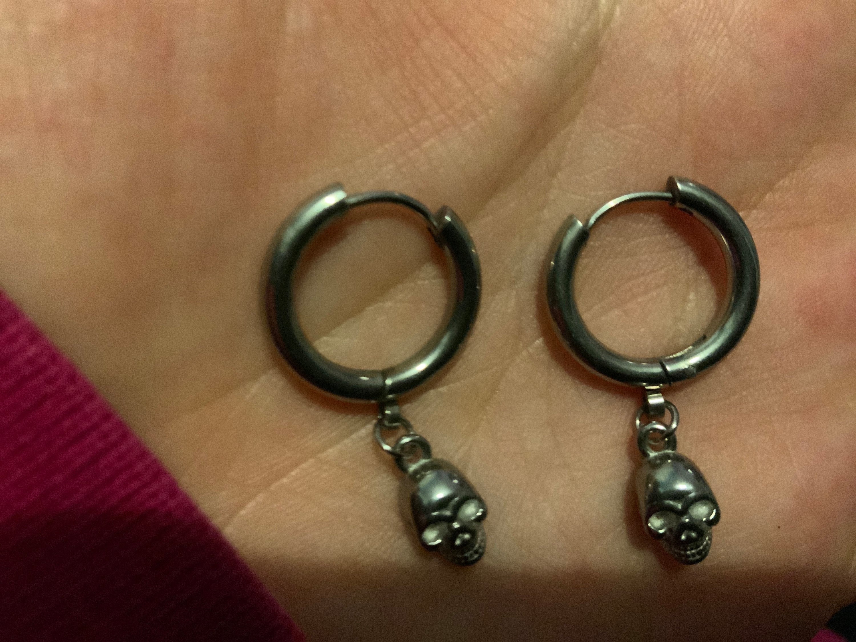 Pair of 316L Surgical Steel Hoop Earrings with Skull Dangle • 20ga