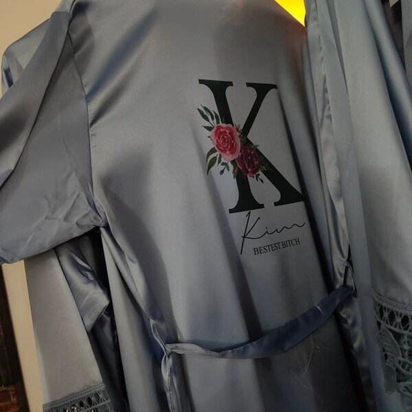 Personalised Bridal Robe, Wedding Dressing Gown, Initial Floral Bridal ...