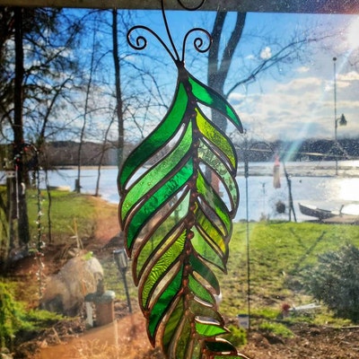 Stained Glass Leaf Suncatcher 'large Fern Leaf', Mixed Green Glass ...
