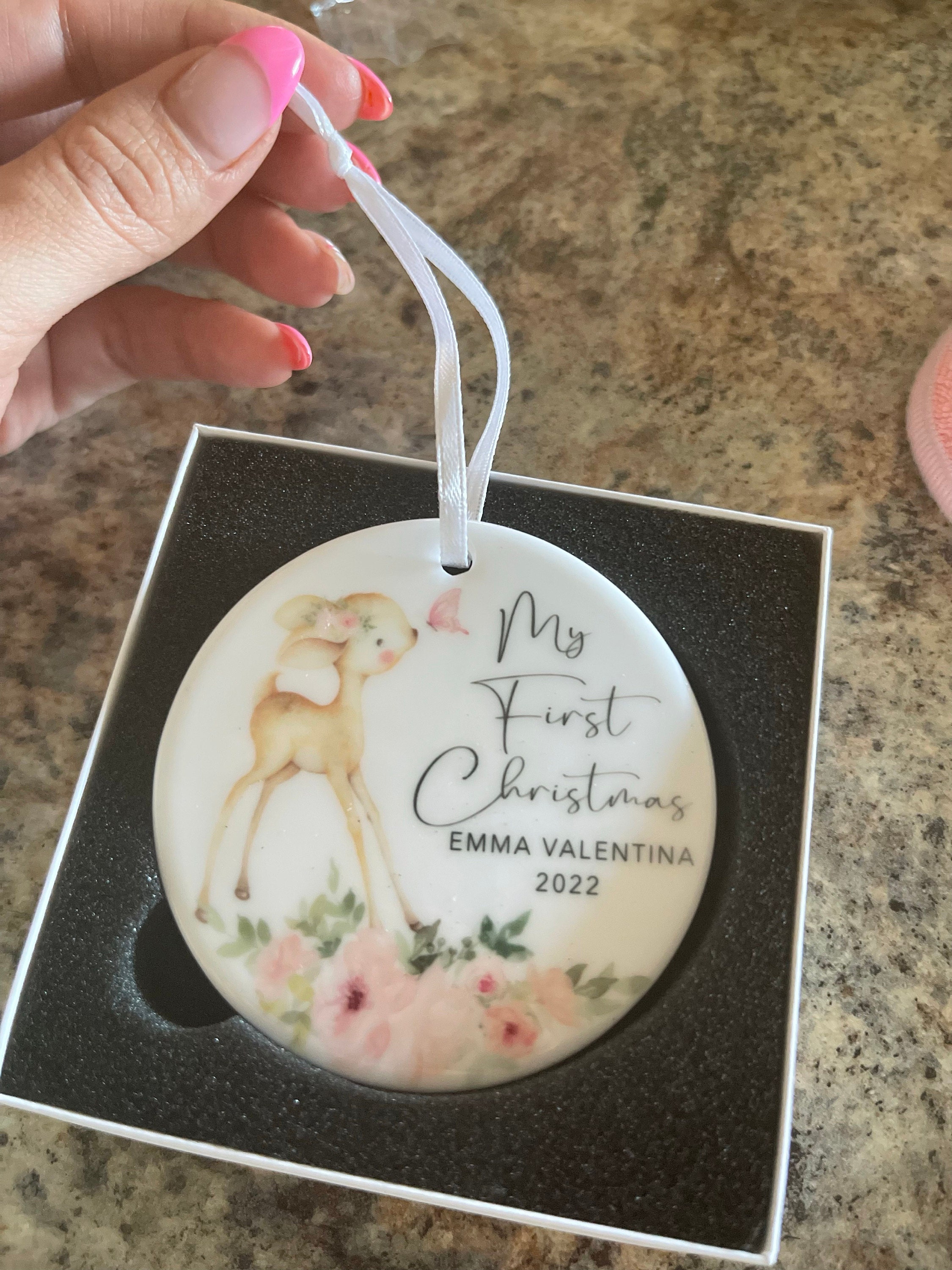 Baby&#39;s First Christmas Ornament - Personalized Baby Girl Deer Christmas Ornament