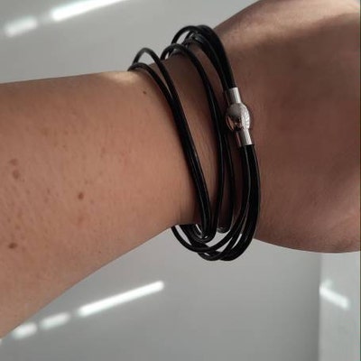 Lyme Bay Art Ladies Double Wrap Bracelet – Black Leather & Stainless Steel, Magnetic Clasp