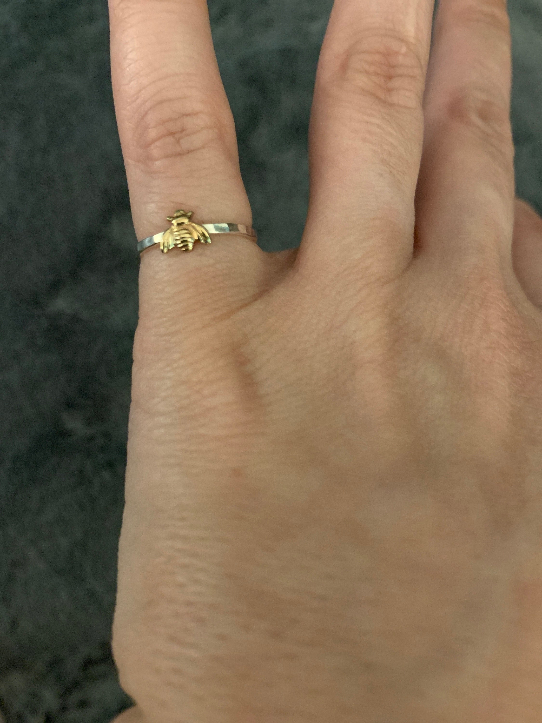 Simple tiny sterling silver bee ring, silver and gold brass stacking ring, hammered band ring, gift for women
