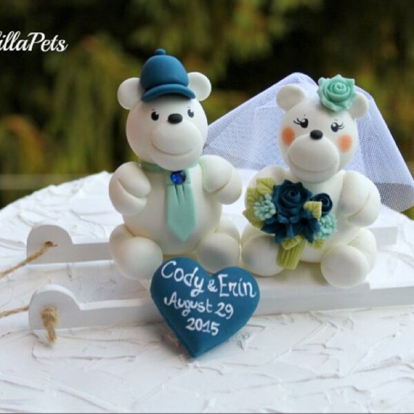 Polar Bear Wedding Cake Topper With Sled Base and Heart Banner, Custom ...