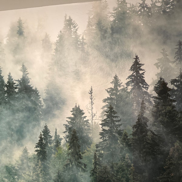 Misty Forest Wallpaper | Moody Pine Tree Wall Mural - Etsy