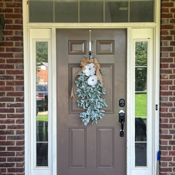 Lambs Ear Farmhouse Teardrop Swag Wreath For Front Door, Wall, Sprng