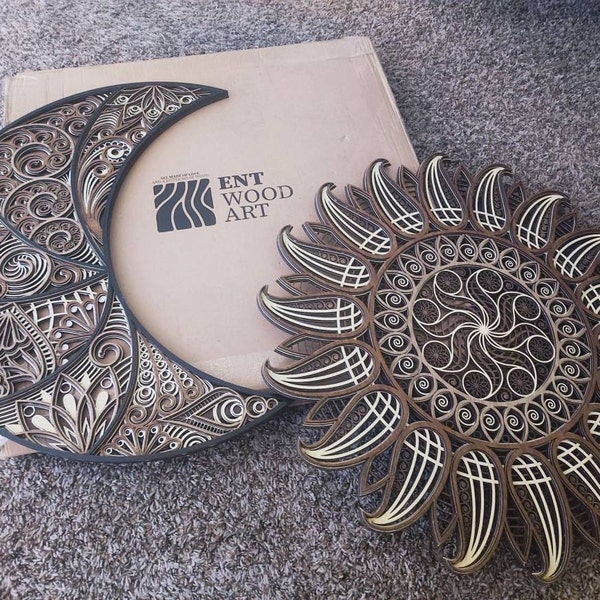 Sun and Moon Wood Wall Art Decor, 3D Sun and Moon Mandala Wall Art ...