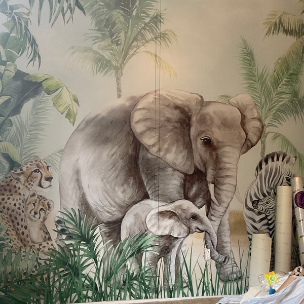 Kids Wallpaper Peel and Stick | Safari Animals With Baby Wall Mural - Etsy