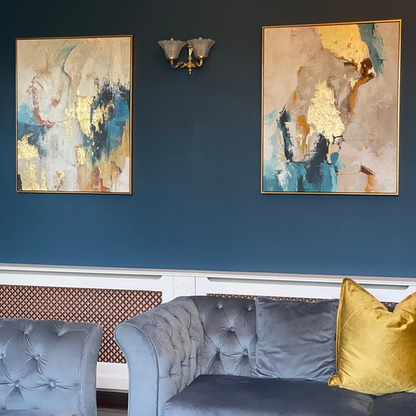 Blue and Gold Abstract Painting | Set of 2 Abstract Art | Blue Grey Set ...