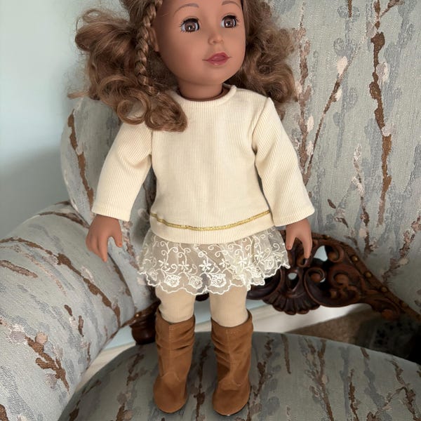 Parisian Stroll - 4 Piece Outfit - Blue Fleece Coat With Matching Beret, Black Leggings And Boots - Clothes Fits 18 Inch Doll (Doll Not Included)