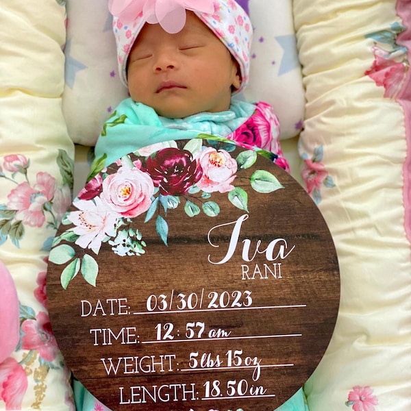 Birth Stats Round Wood Baby Name Sign Wooden Personalized Baby Name ...
