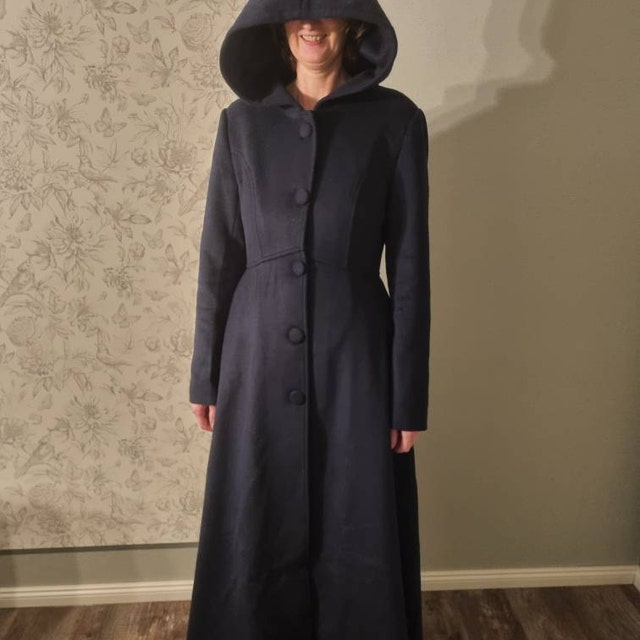 Long Wool Coat, Women's Winter Coat, Hooded Coat, Maxi Coat, Navy