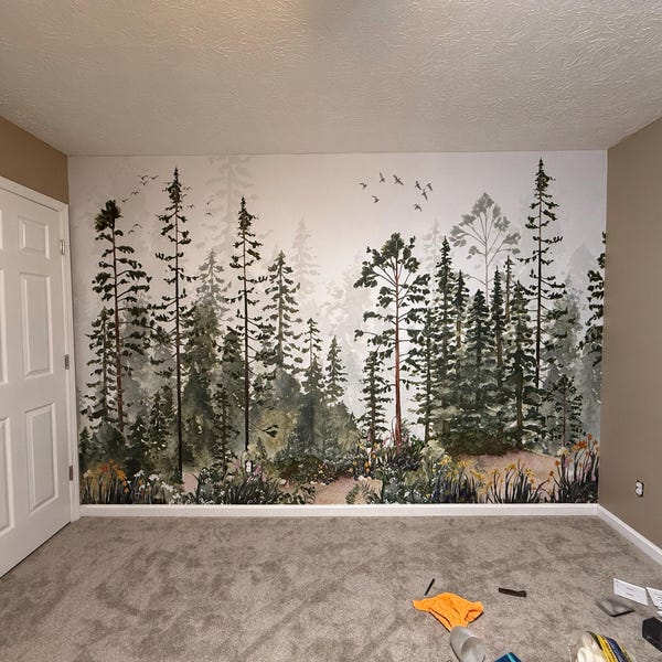 Woodland Watercolor Peel and Stick Wall Mural Fairy Pine Tree Kids ...