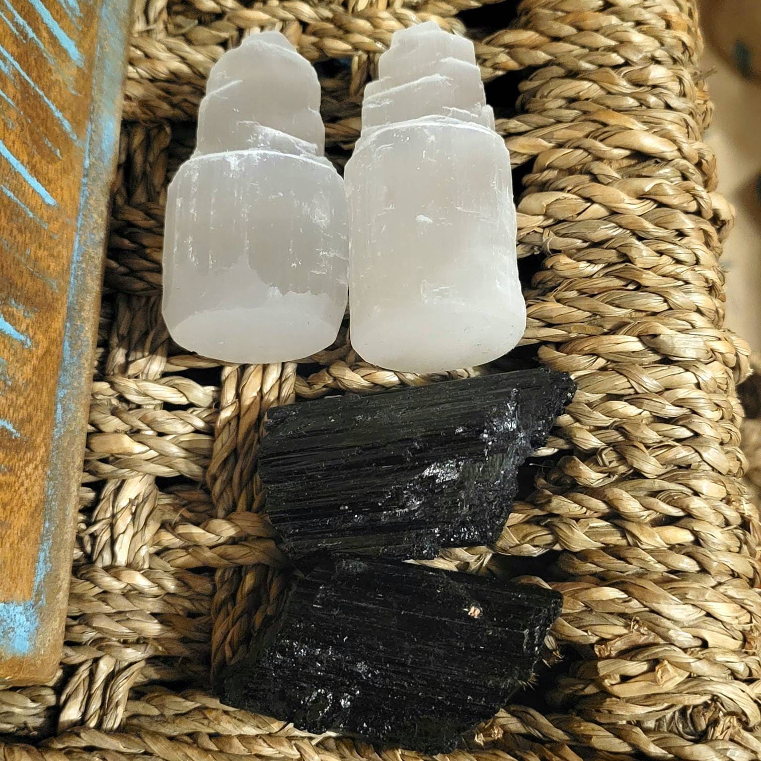 2 Selenite Towers & 2 Extra Grade Black Tourmaline Logs: Home Protection Kit