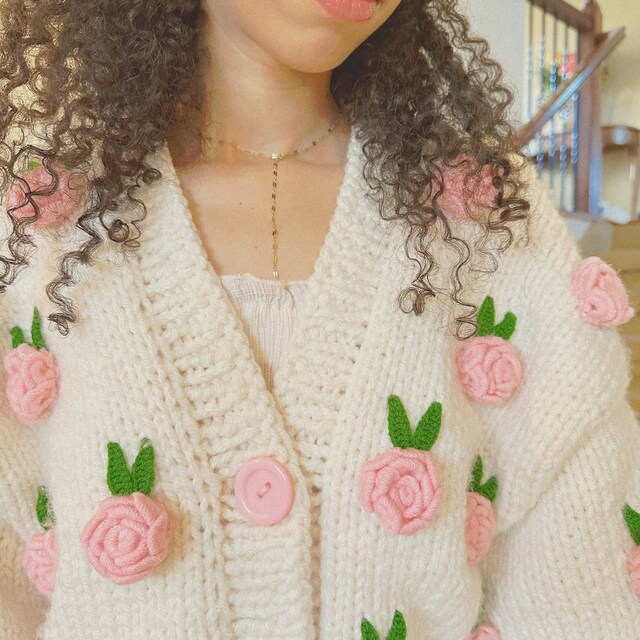 Leilayca Pink Roses Cardigan , Chunky Cropped Cardigan for