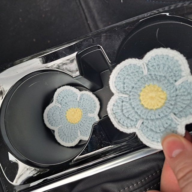 2 Pack Cute White Flower Car Cup Holder Coasters - Ceramic Absorbent With Cork Base, 2.56", Finger Notch For Easy Removal