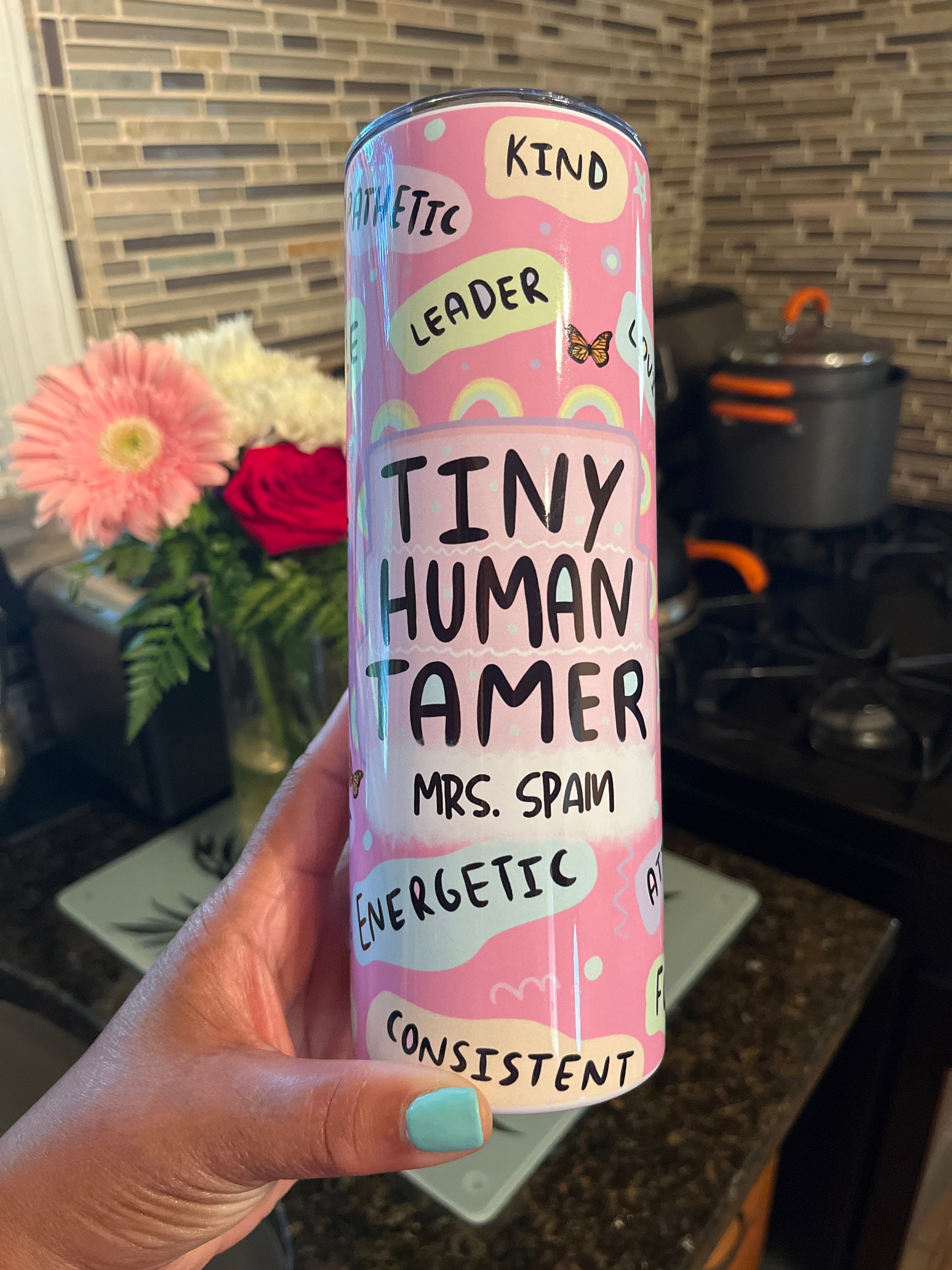 Personalized Tiny Human Tamer Teacher Tumbler, Custom Kindergarten Pre-K Elementary School Teacher Appreciation Back to School Gifts Teacher