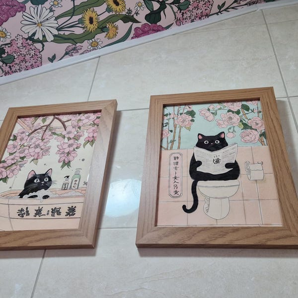 Black Cat Bathroom Wall Art Set of 3, Japanese Style Cat Pooping Funny ...
