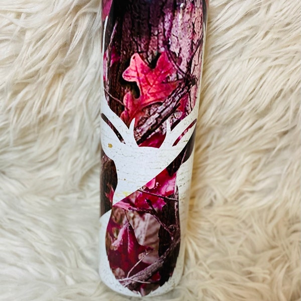 20 Oz Skinny Tumbler Camp Deer Pink Camo and Wood Sublimation Design ...