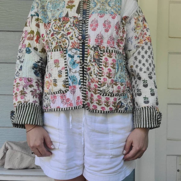 Grey with Blue Flowers Reversible Quilted Jacket main image 1