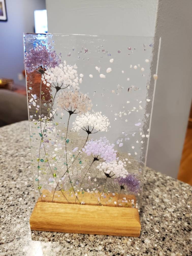Whimsical Purple and pink mix Flowers fused glass Art Picture Sun Catcher & Wooden Display Stand