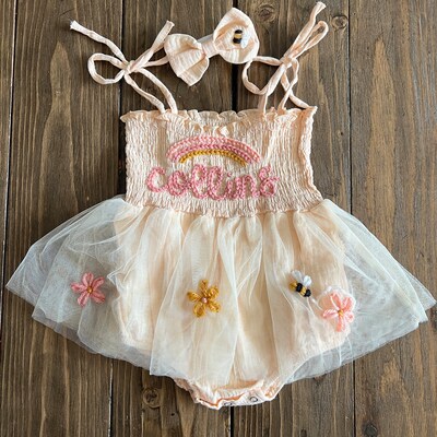 Custom Name Tutu, Hand Embroidered Baby Romper, Personalized Birthday ...