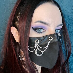 Goth Moon Face Mask: Faux Leather & Chain - Reusable Cotton Blend