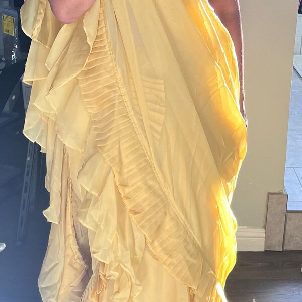 Ruffles Pre-Draped Lycra Saree with Frills and Sequenced Embroidery Velvet Blouse