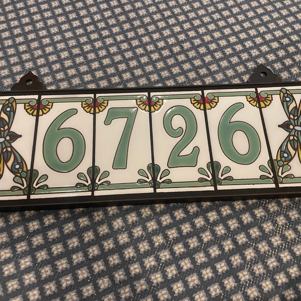 Green on White Dragonfly Tile House Numbers | Dragonfly End Caps ...