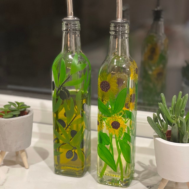 Salad Dressing Dispenser/ Oil Bottle/drizzler Hand Painted 2 Designs meadow  & Geo Ocean 