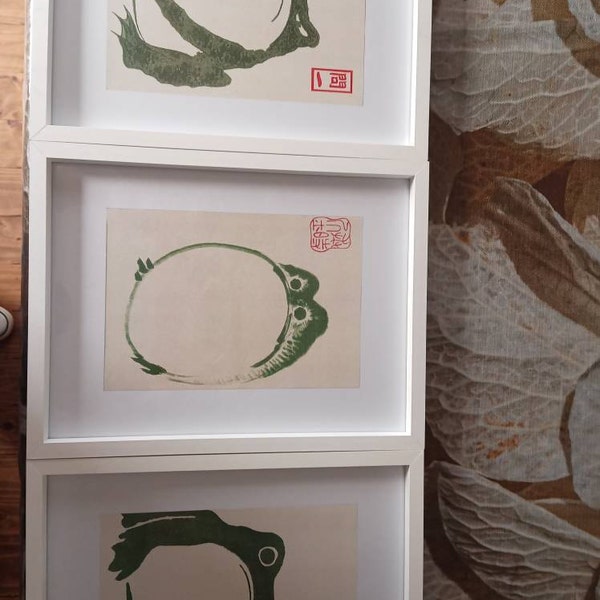 Japanese Matsumoto Hoji Frog Set of 3 Woodblock Digital Art Print