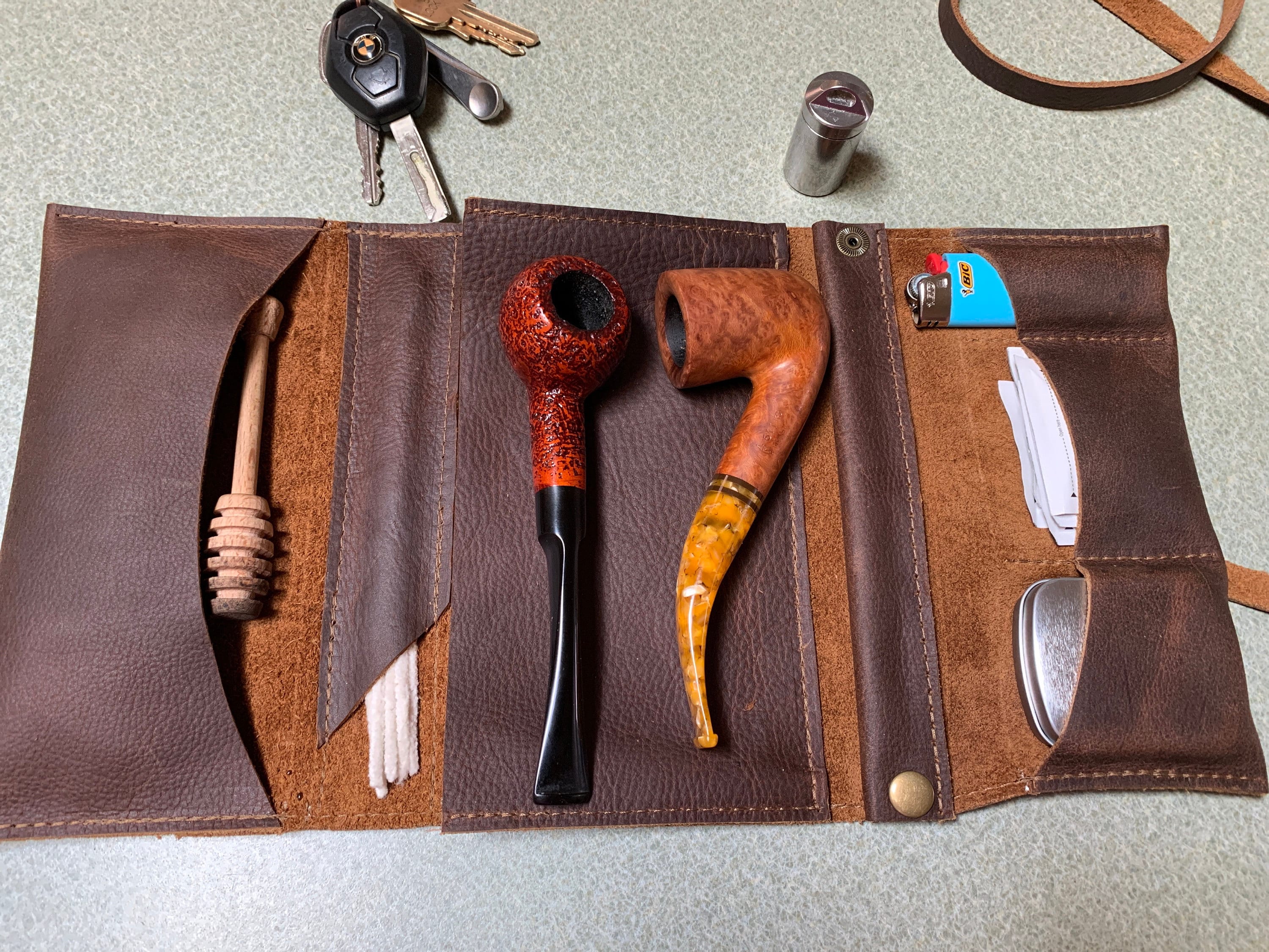 Rustic Kodiak Leather Large Tobacco Pipe Pouch / Pipe Roll / Pipe Bag