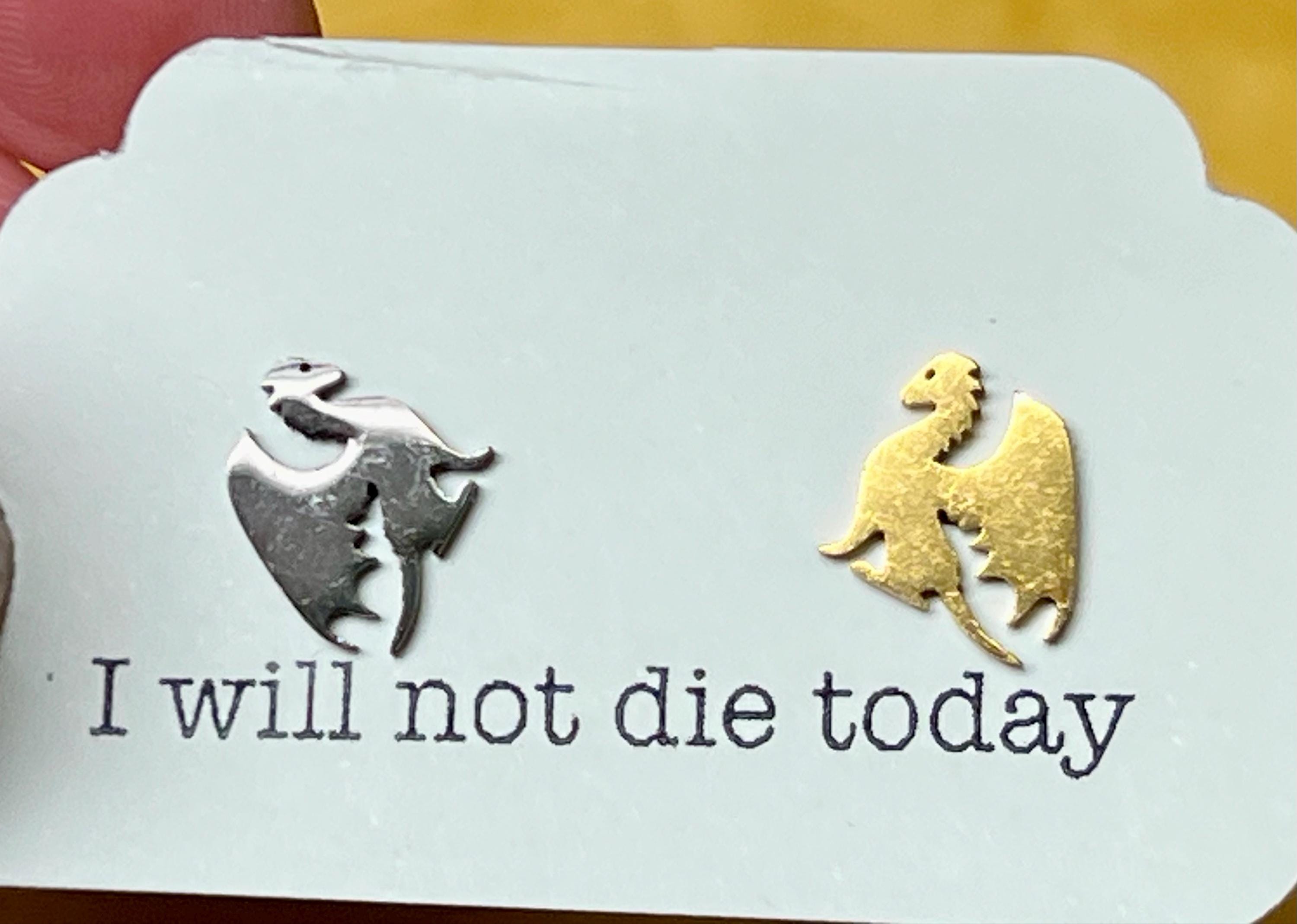 I Will Not Die Today Gold and Black Dragon Stud Earrings, Hypoallergenic Stainless Steel Jewelry, Romantasy Book, Dragon Rider