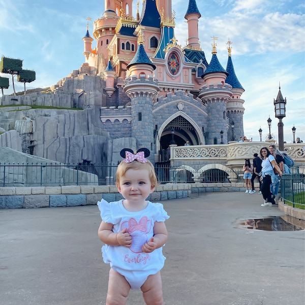 Disney Ruffle Romper, Baby Disney Outfit, Embroidered Pink Seersucker ...