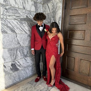 open lace back dress Red Ultra Slim Fit 3-Piece Prom Suit, 44l / Red main image 0
