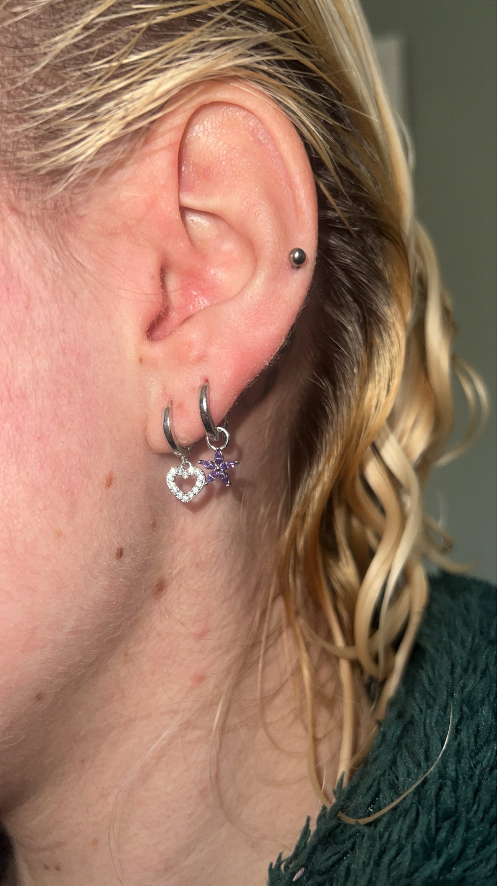 Tiny CZ Heart Dangle Huggie Hoop in Sterling Silver, Silver or Gold or Rose Gold, Skinny CZ Heart Earrings, Heart Huggie Hoops