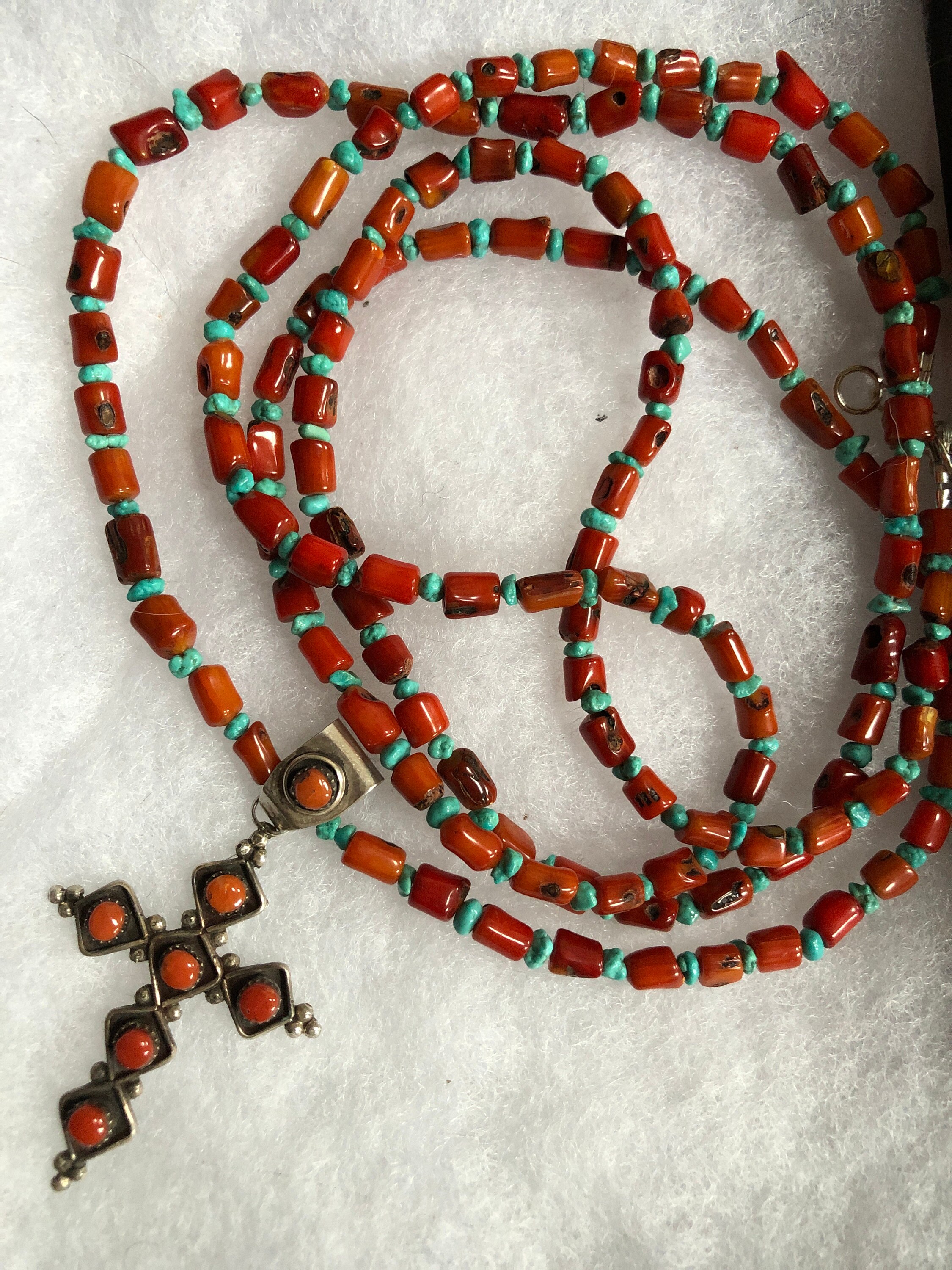 Signed Zuni Red Coral Cross Pendant for Women or Men, Native American