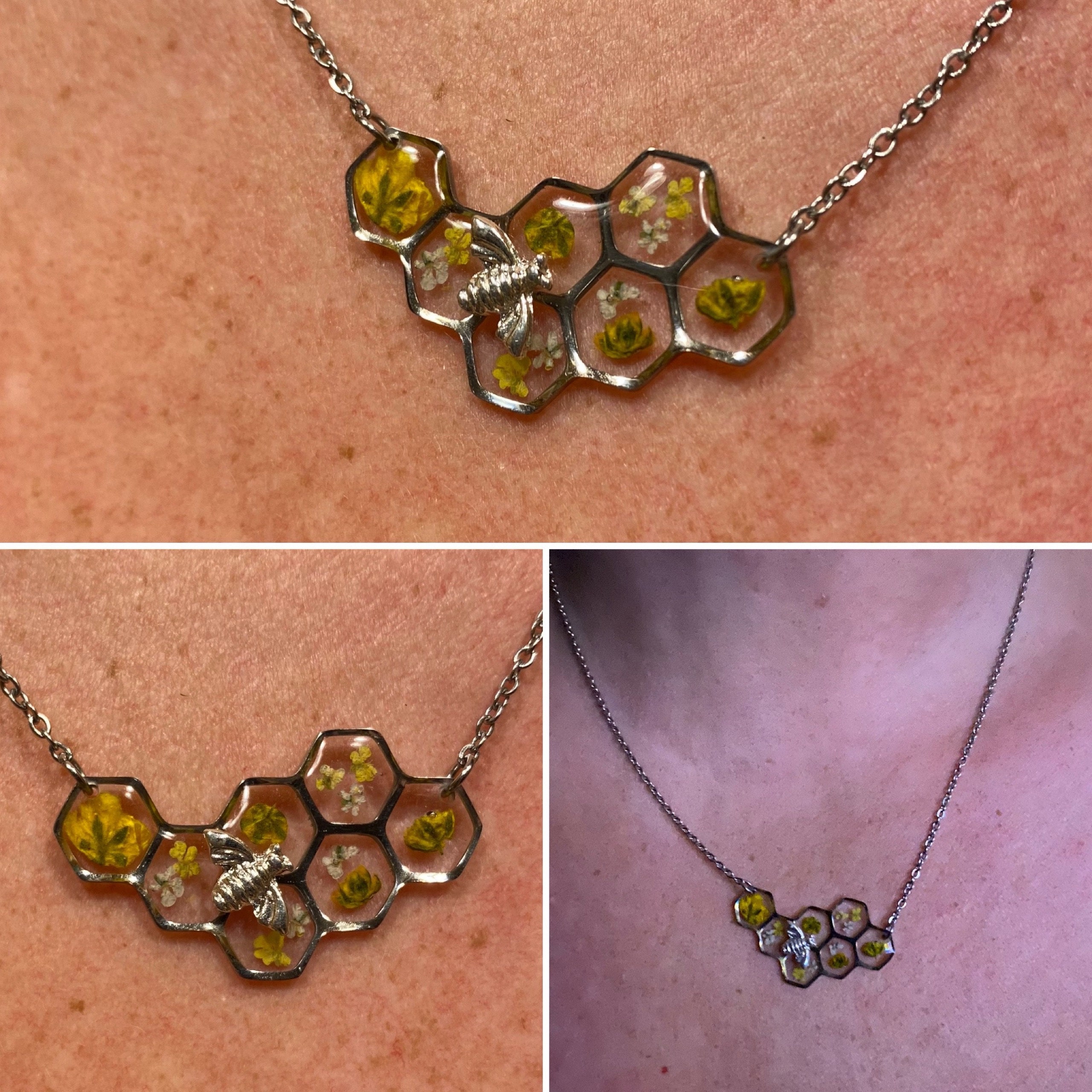 Bee and Honeycomb Necklace, Yellow Bee Necklace, Silver Bee Necklace, Stainless Steel Honeycomb Pendant, Yellow Flower Necklace for Her
