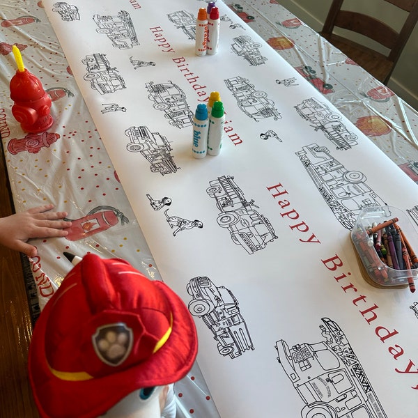 Personalized Fireman Birthday Decorations Coloring Table Runner ...