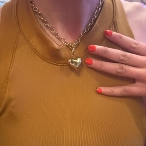 Gold Puffed Hollow Heart Pendant Necklace Chunky Jewelry